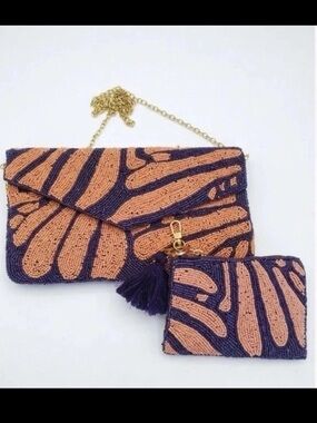 ON 34TH Set Of 2: Beaded Navy & Coral Clutch Purse & Zipped Small Pouch NWT $119